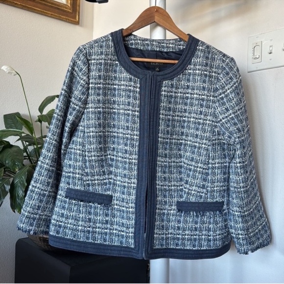 Talbots Tweed Crew Chambray trim Blazer Jacket Sz 16/XL Navy Blue White Fringe - Picture 5 of 16